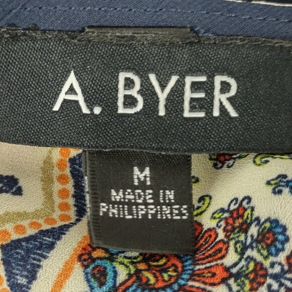 A. Byer Sleeveless Boho Print Shift Dress Navy Trim Keyhole Back Size M - Picture 11 of 13